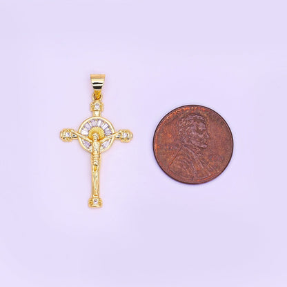 14K Gold Filled Clear Baguette Sun Ray Round Crucifix Cross Pendant | AA611