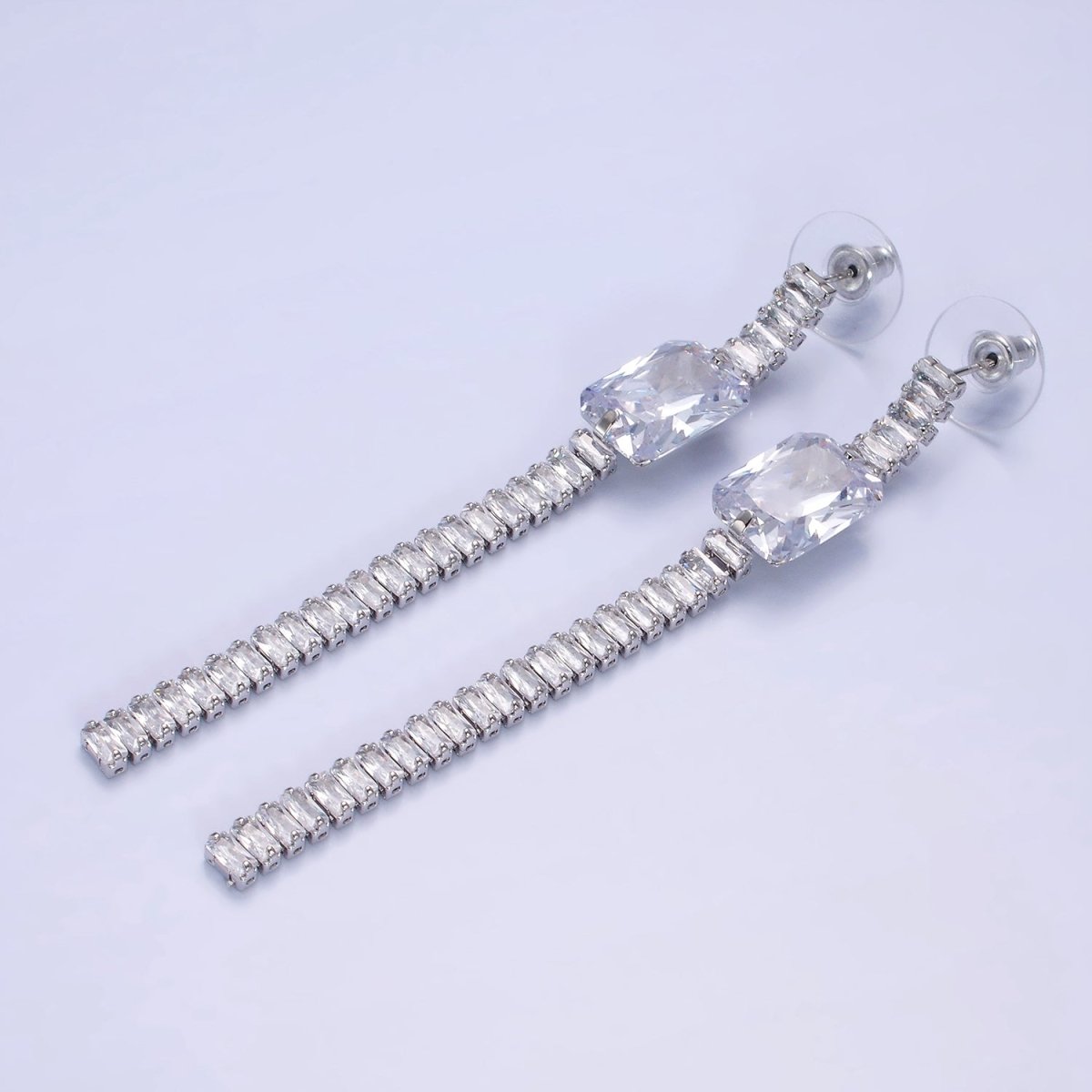 14K Gold Filled Clear Baguette Tennis Chain Drop Stud Earrings in Gold &amp; Silver | AE509 AE510