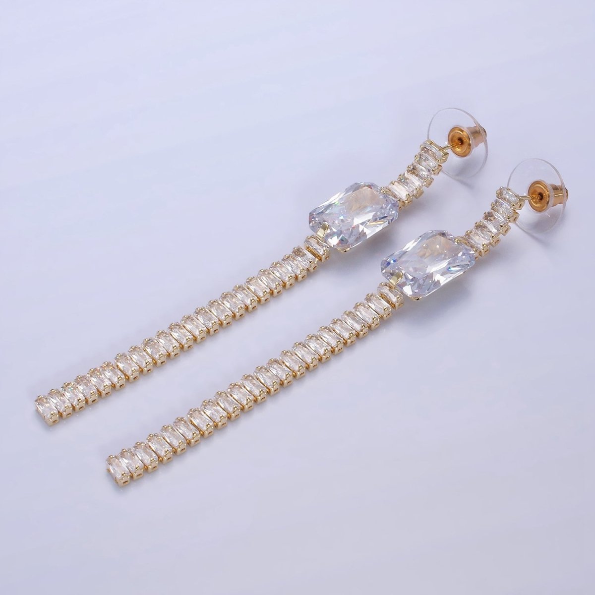 14K Gold Filled Clear Baguette Tennis Chain Drop Stud Earrings in Gold &amp; Silver | AE509 AE510