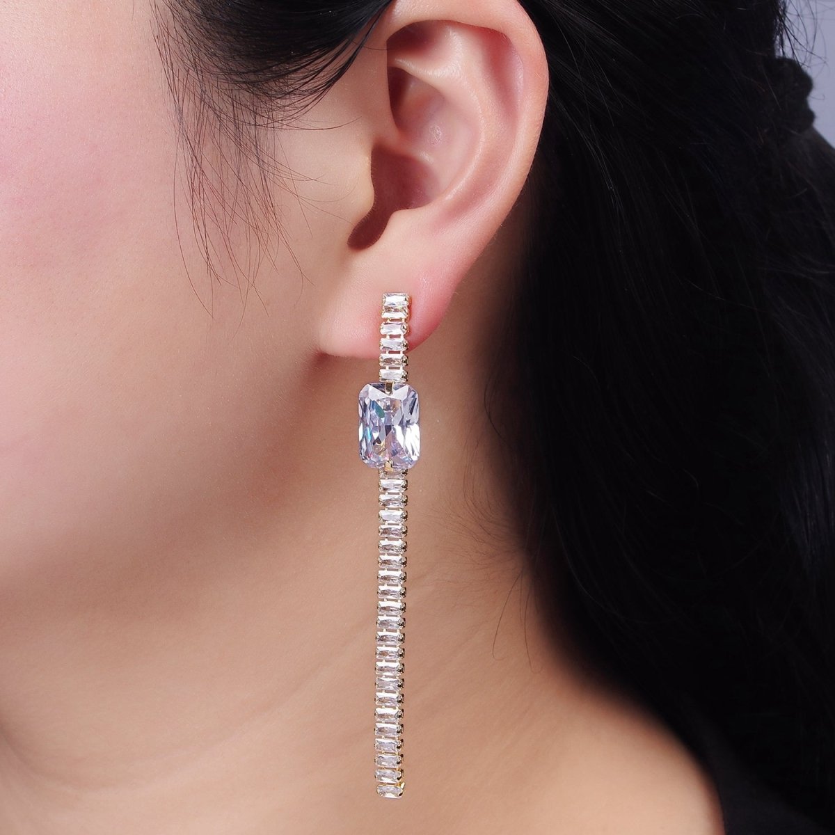 14K Gold Filled Clear Baguette Tennis Chain Drop Stud Earrings in Gold &amp; Silver | AE509 AE510