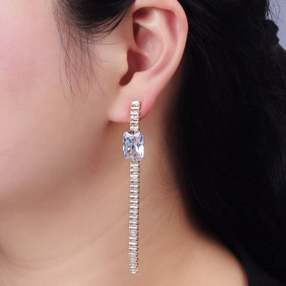 14K Gold Filled Clear Baguette Tennis Chain Drop Stud Earrings in Gold &amp; Silver | AE509 AE510