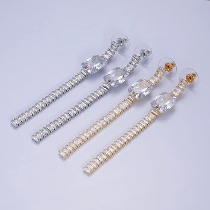 14K Gold Filled Clear Baguette Tennis Chain Drop Stud Earrings in Gold &amp; Silver | AE509 AE510