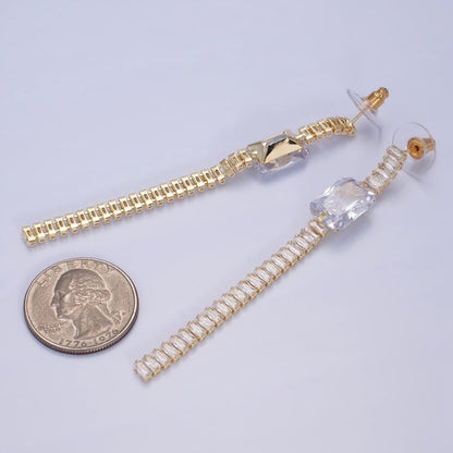 14K Gold Filled Clear Baguette Tennis Chain Drop Stud Earrings in Gold &amp; Silver | AE509 AE510