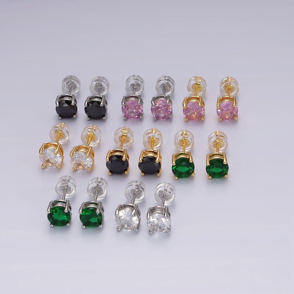 14K Gold Filled Clear, Black, Pink, Green CZ Stud Earrings in Gold &amp; Silver | V300 - V307