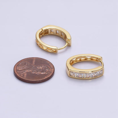 14K Gold Filled Clear, Black Square Baguette CZ Lined Oval Huggie | AE630 AE631