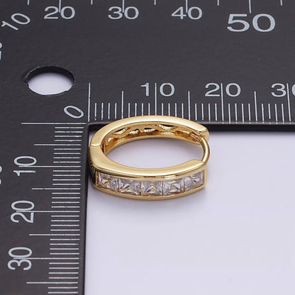 14K Gold Filled Clear, Black Square Baguette CZ Lined Oval Huggie | AE630 AE631