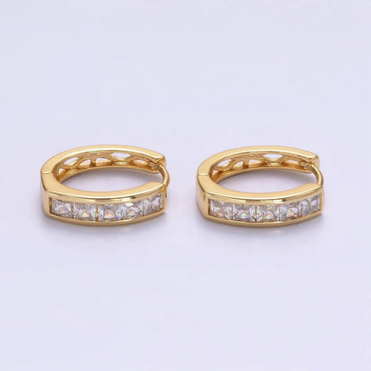 14K Gold Filled Clear, Black Square Baguette CZ Lined Oval Huggie | AE630 AE631