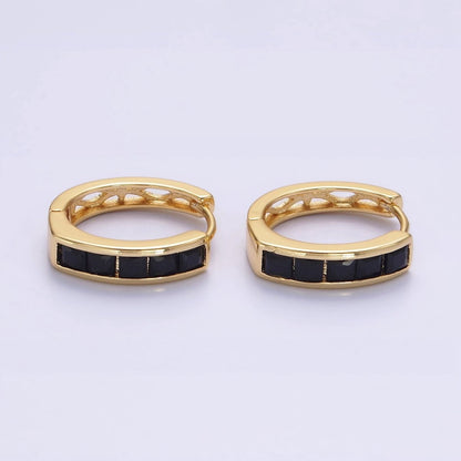 14K Gold Filled Clear, Black Square Baguette CZ Lined Oval Huggie | AE630 AE631