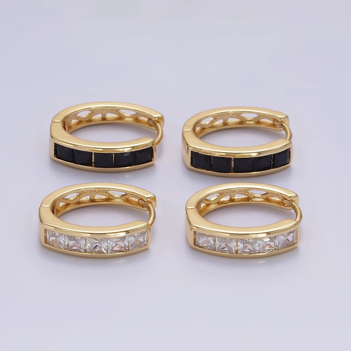 14K Gold Filled Clear, Black Square Baguette CZ Lined Oval Huggie | AE630 AE631