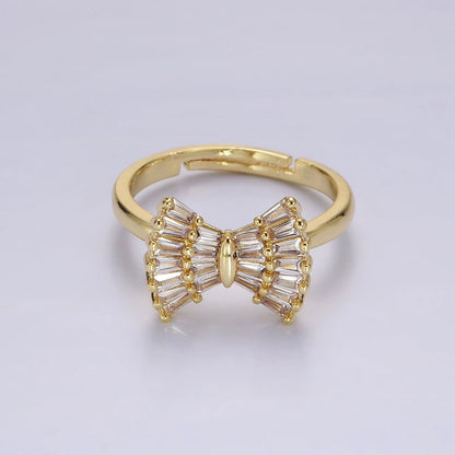 14K Gold Filled Clear CZ Baguette Bow Ribbon Adjustable Ring | O1084