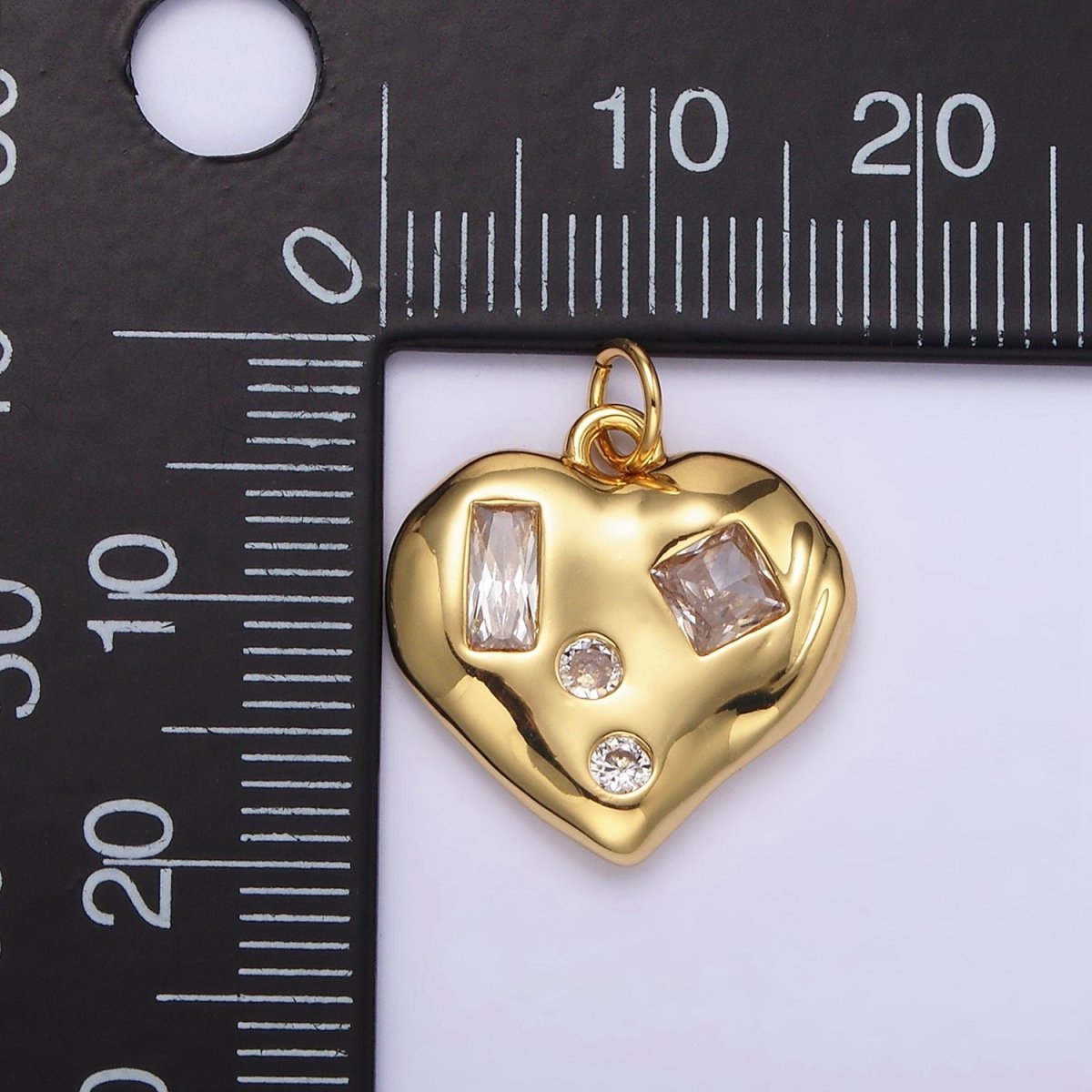 14K Gold Filled Clear CZ Baguette Dotted Molten Heart Charm in Gold &amp; Silver | N1163 N1164