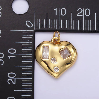 14K Gold Filled Clear CZ Baguette Dotted Molten Heart Charm in Gold &amp; Silver | N1163 N1164