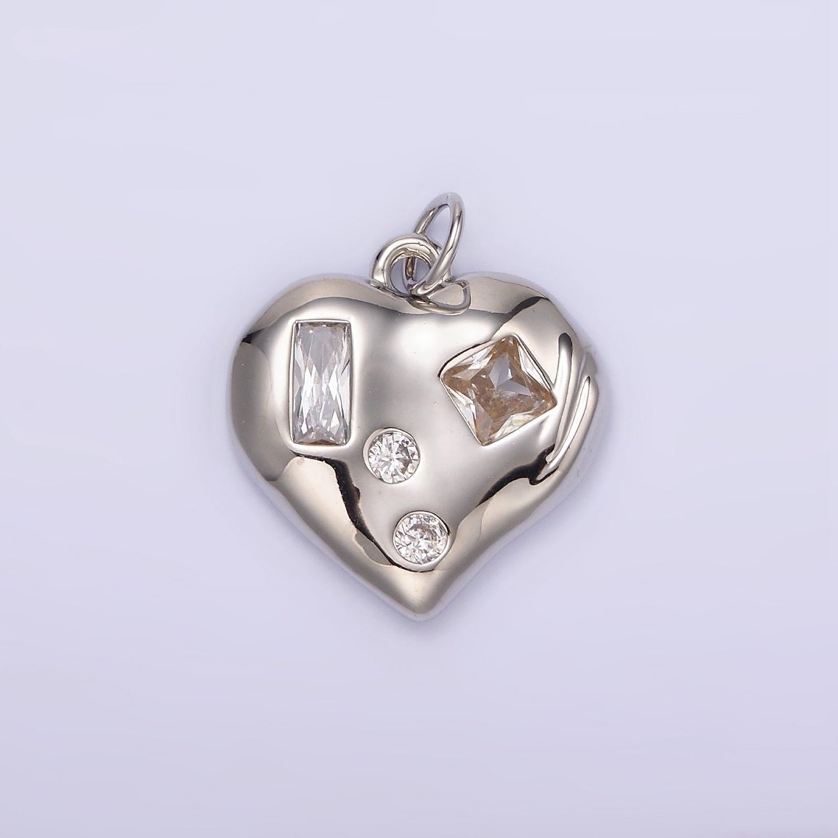 14K Gold Filled Clear CZ Baguette Dotted Molten Heart Charm in Gold &amp; Silver | N1163 N1164