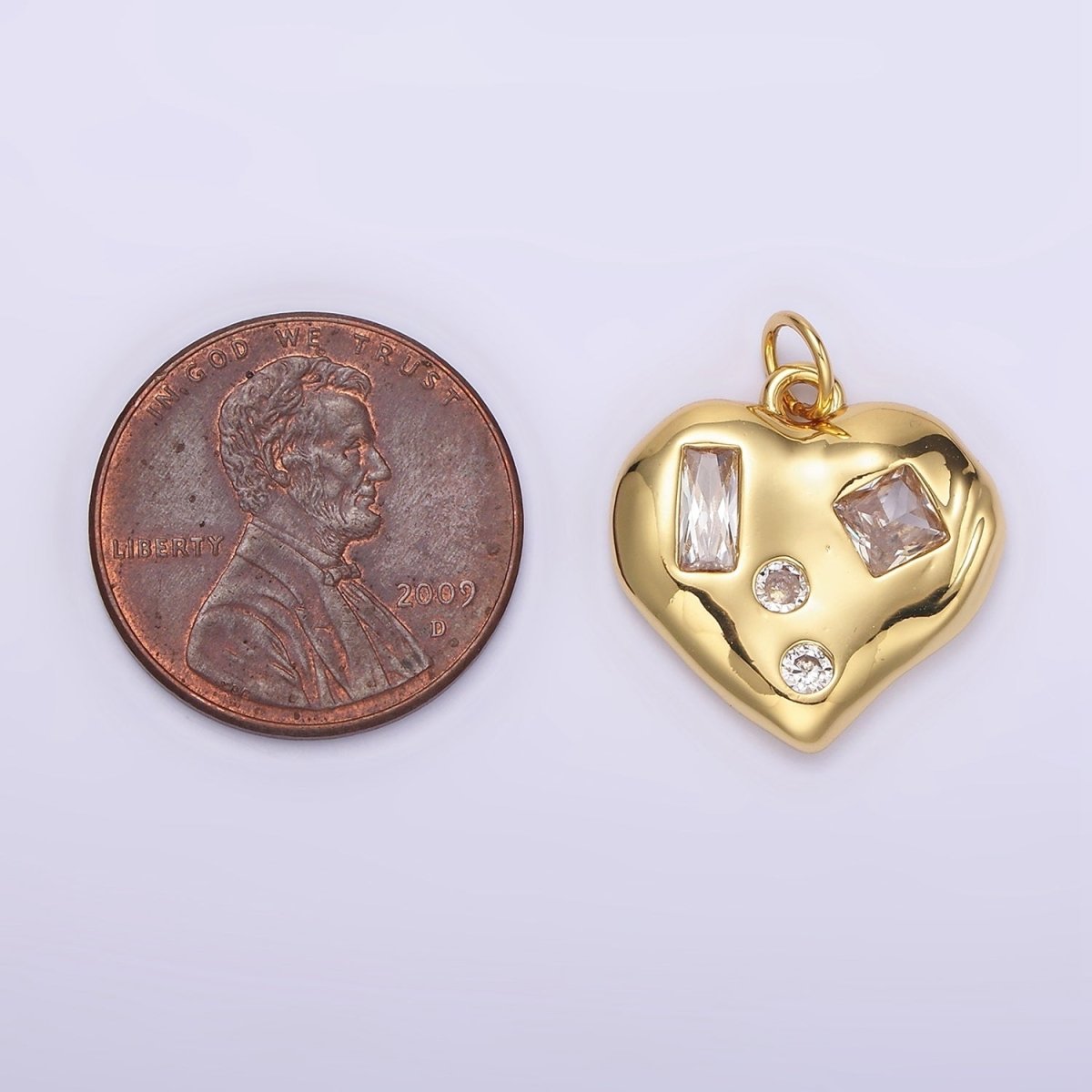 14K Gold Filled Clear CZ Baguette Dotted Molten Heart Charm in Gold &amp; Silver | N1163 N1164