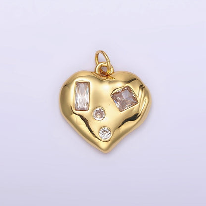 14K Gold Filled Clear CZ Baguette Dotted Molten Heart Charm in Gold &amp; Silver | N1163 N1164