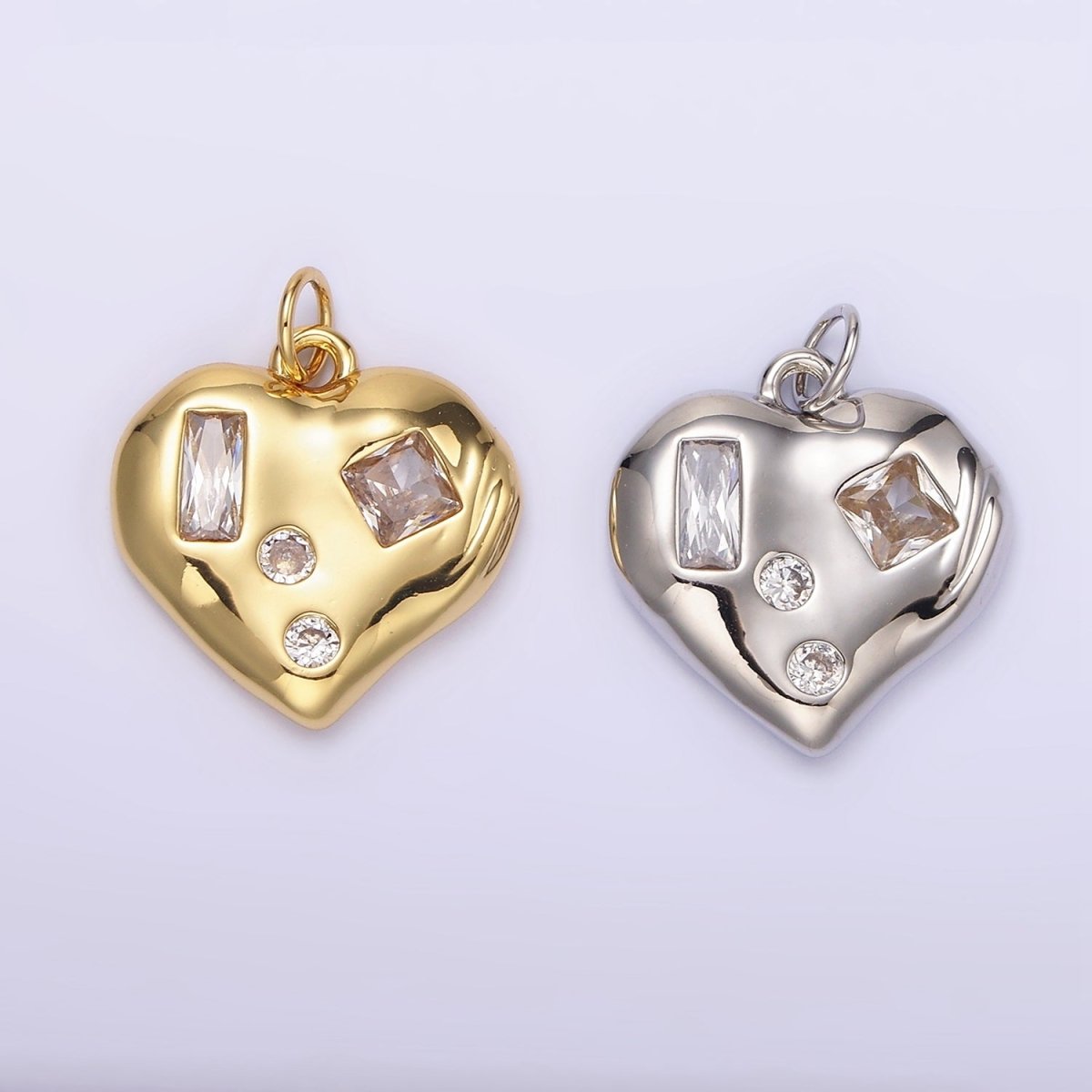14K Gold Filled Clear CZ Baguette Dotted Molten Heart Charm in Gold &amp; Silver | N1163 N1164