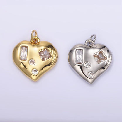 14K Gold Filled Clear CZ Baguette Dotted Molten Heart Charm in Gold &amp; Silver | N1163 N1164