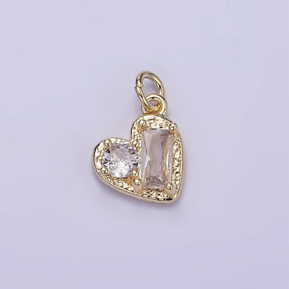 14K Gold Filled Clear CZ Baguette Round Hammered Heart Mini Charm | W547