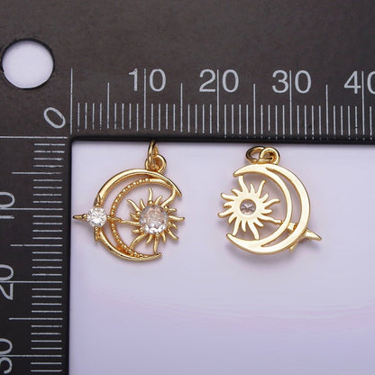 14K Gold Filled Clear CZ Celestial Crescent Moon Sun Star Open Charm | AG528