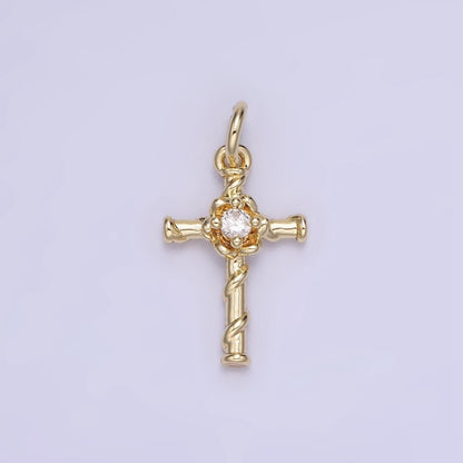 14K Gold Filled Clear CZ Flow Curling Band Religious Cross Charm | AG718