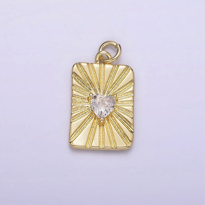 14K Gold Filled Clear CZ Heart Celestial Sun burst Ray Tag Rectangular Charm | AG214