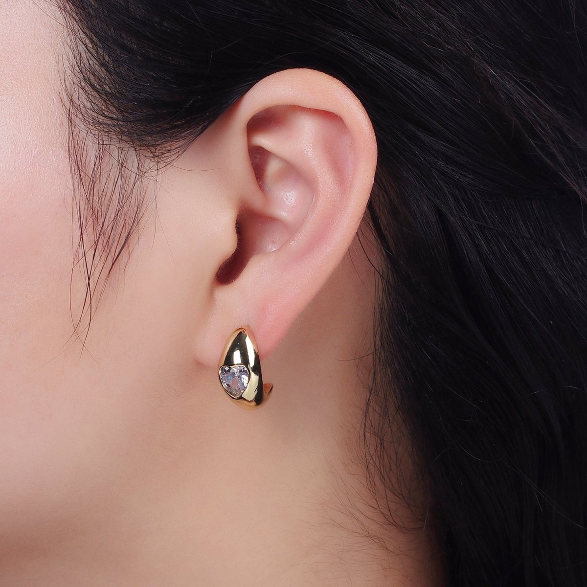 14K Gold Filled Clear CZ Heart Chubby C-Shaped Hoop Earrings in Gold &amp; Silver | AE854 AE855