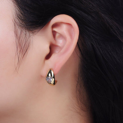 14K Gold Filled Clear CZ Heart Chubby C-Shaped Hoop Earrings in Gold &amp; Silver | AE854 AE855