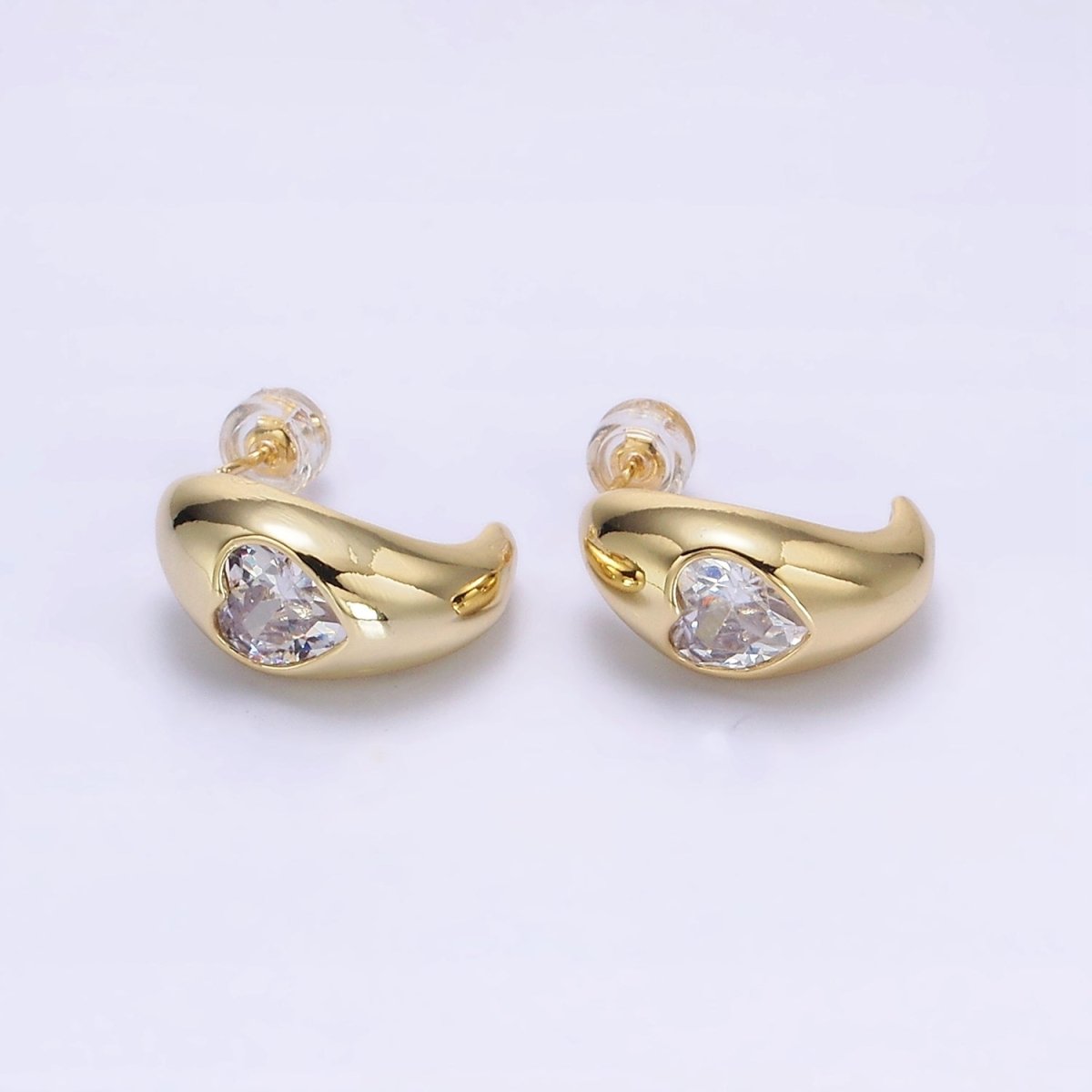 14K Gold Filled Clear CZ Heart Chubby C-Shaped Hoop Earrings in Gold &amp; Silver | AE854 AE855