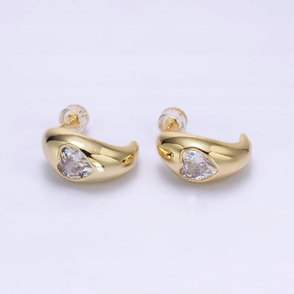 14K Gold Filled Clear CZ Heart Chubby C-Shaped Hoop Earrings in Gold &amp; Silver | AE854 AE855