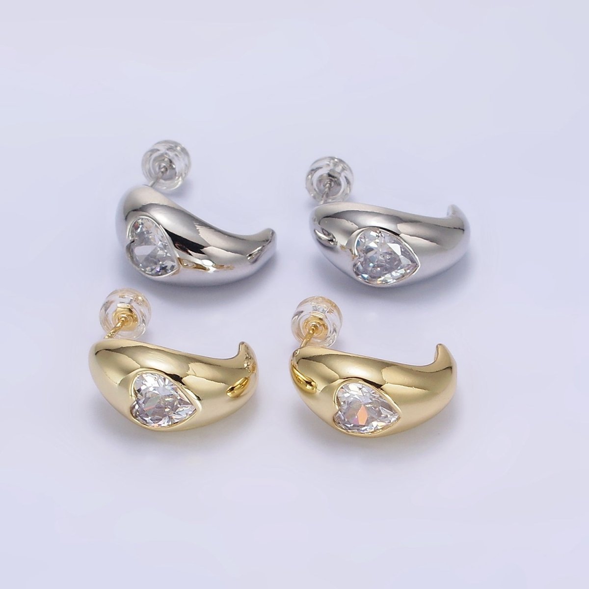 14K Gold Filled Clear CZ Heart Chubby C-Shaped Hoop Earrings in Gold &amp; Silver | AE854 AE855