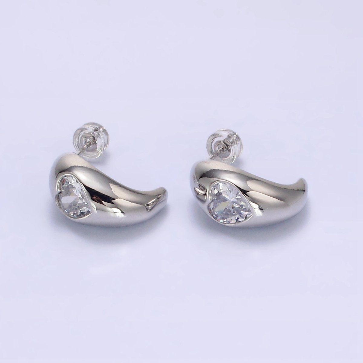 14K Gold Filled Clear CZ Heart Chubby C-Shaped Hoop Earrings in Gold &amp; Silver | AE854 AE855