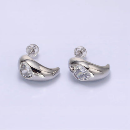 14K Gold Filled Clear CZ Heart Chubby C-Shaped Hoop Earrings in Gold &amp; Silver | AE854 AE855