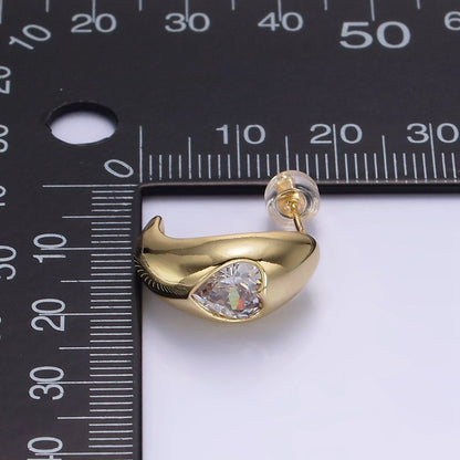 14K Gold Filled Clear CZ Heart Chubby C-Shaped Hoop Earrings in Gold &amp; Silver | AE854 AE855