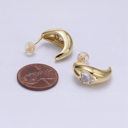 14K Gold Filled Clear CZ Heart Chubby C-Shaped Hoop Earrings in Gold &amp; Silver | AE854 AE855