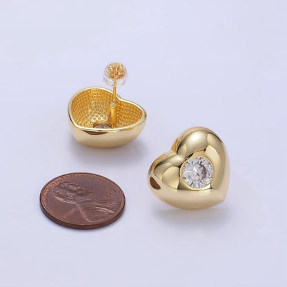 14K Gold Filled Clear CZ Heart Dome Stud Earrings in Gold &amp; Silver | T098 T099