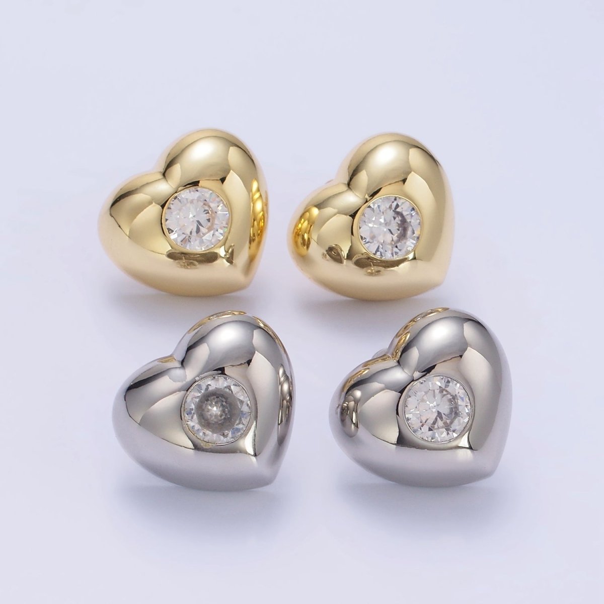 14K Gold Filled Clear CZ Heart Dome Stud Earrings in Gold &amp; Silver | T098 T099