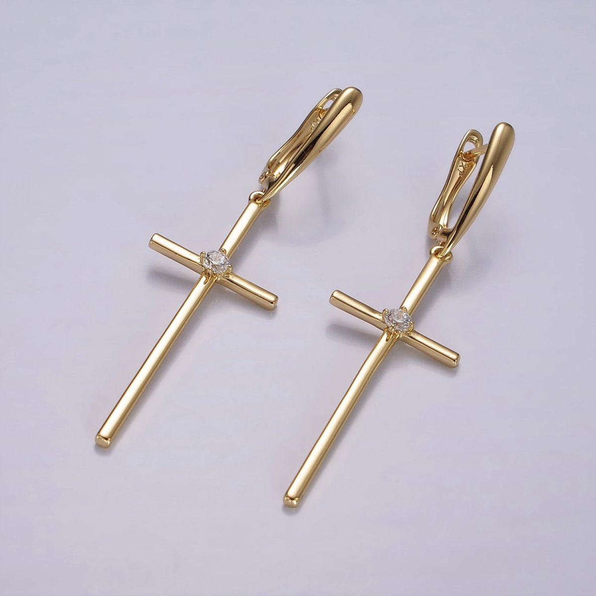 14K Gold Filled Clear CZ Latin Cross Drop English Lock Hoop Earrings | AE402