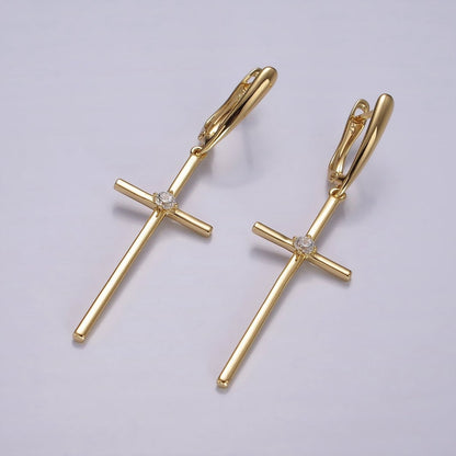14K Gold Filled Clear CZ Latin Cross Drop English Lock Hoop Earrings | AE402