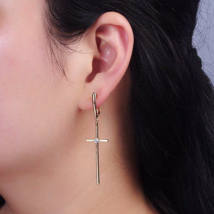 14K Gold Filled Clear CZ Latin Cross Drop English Lock Hoop Earrings | AE402