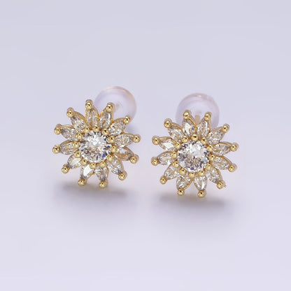 14K Gold Filled Clear CZ Marquise Petal Flower Celestial Sun Stud Earrings | AE887