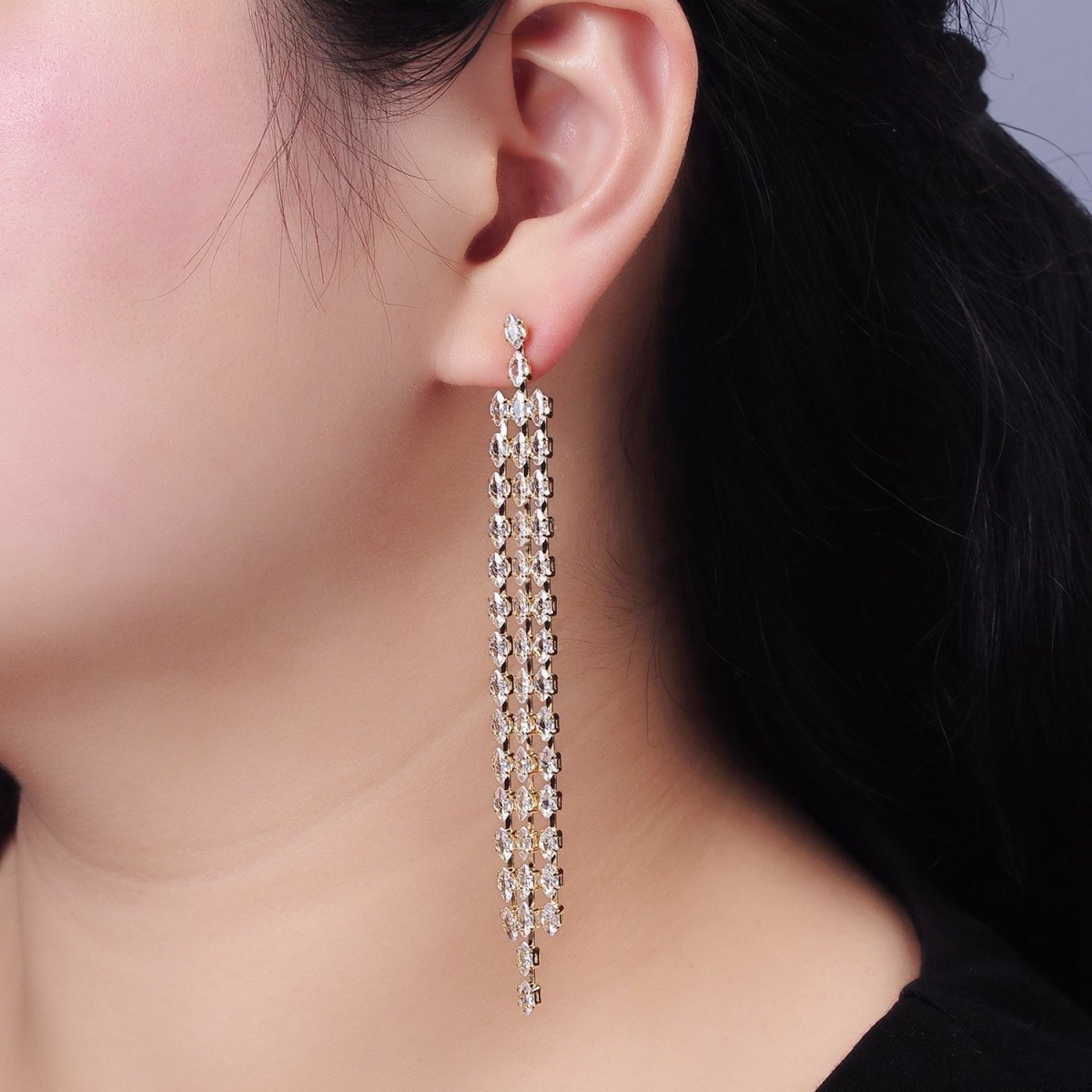 14K Gold Filled Clear CZ Marquise Triple Lined Drop Stud Earrings in Gold &amp; Silver | AE505 AE506