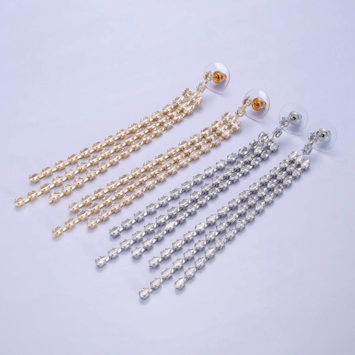 14K Gold Filled Clear CZ Marquise Triple Lined Drop Stud Earrings in Gold &amp; Silver | AE505 AE506