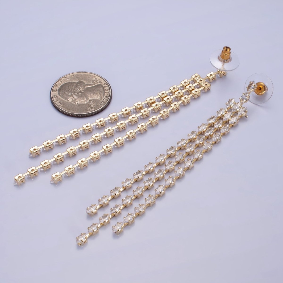 14K Gold Filled Clear CZ Marquise Triple Lined Drop Stud Earrings in Gold &amp; Silver | AE505 AE506