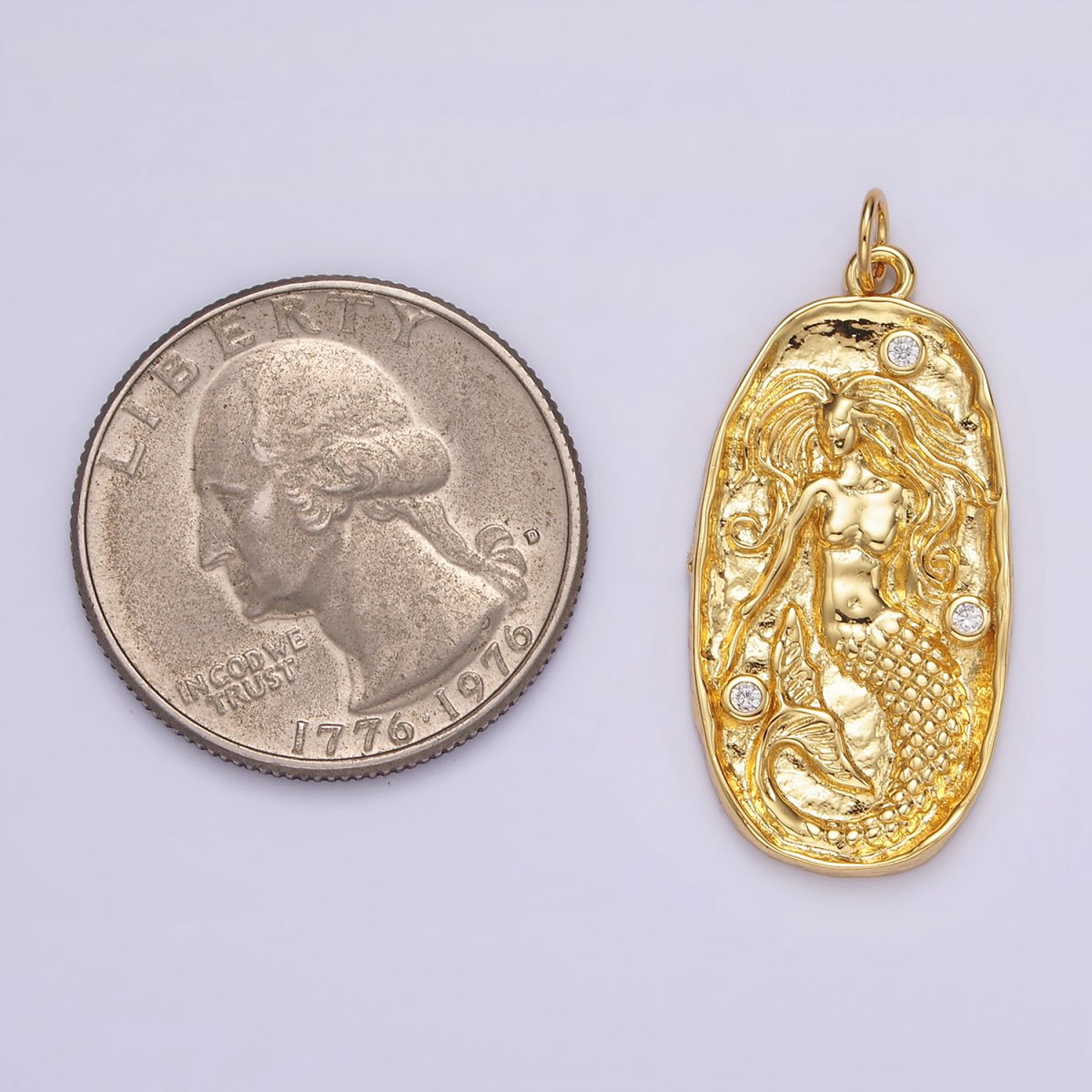 14K Gold Filled Clear CZ Mermaid Hammered Oval Charm in Gold &amp; Silver | N1106 N1107