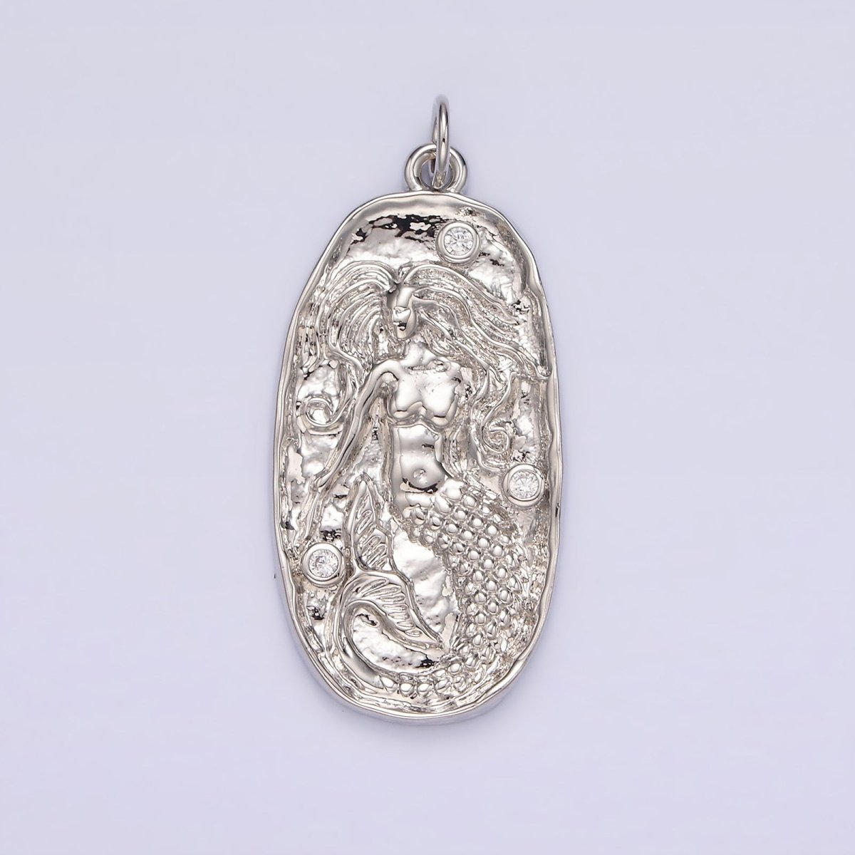 14K Gold Filled Clear CZ Mermaid Hammered Oval Charm in Gold &amp; Silver | N1106 N1107