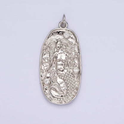 14K Gold Filled Clear CZ Mermaid Hammered Oval Charm in Gold &amp; Silver | N1106 N1107