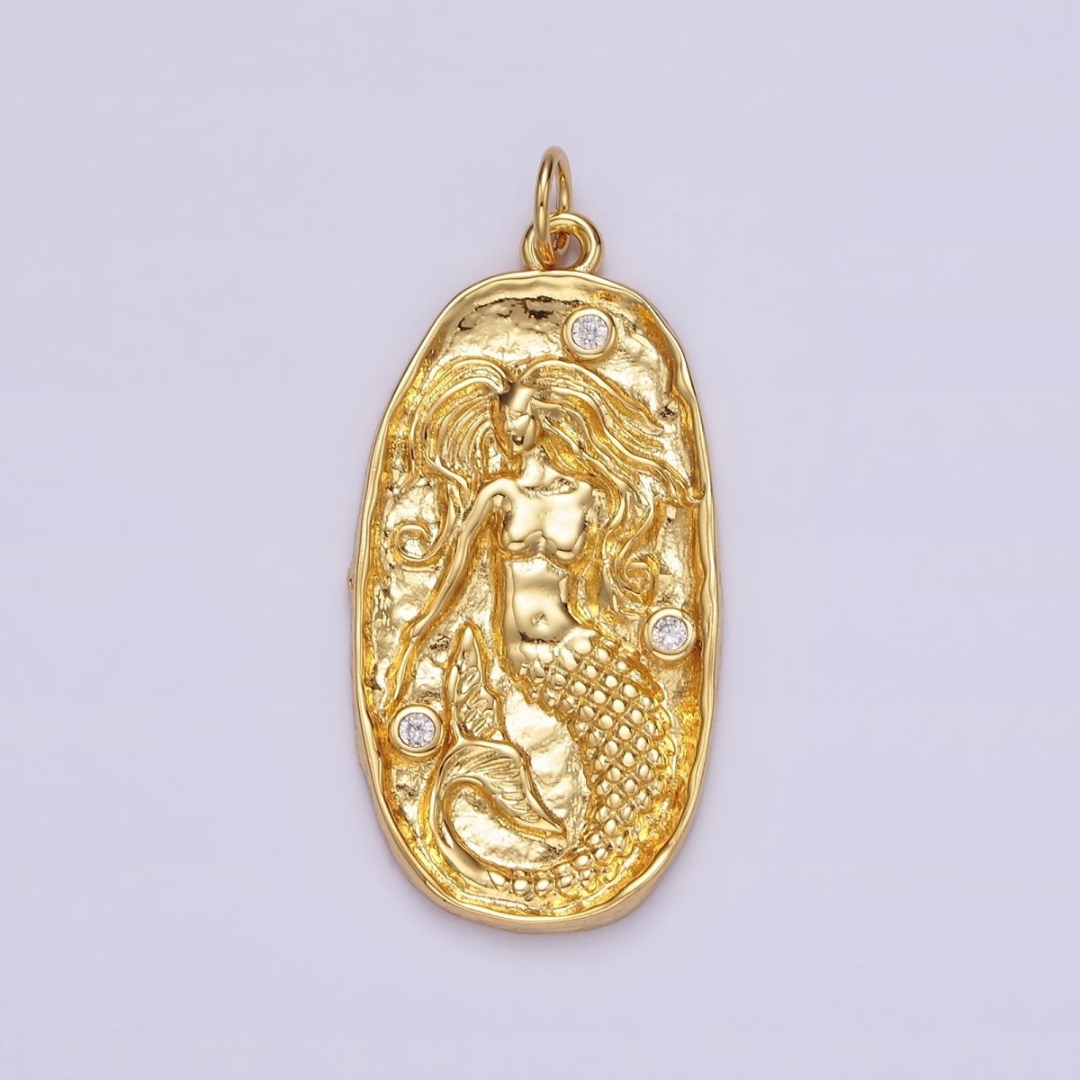 14K Gold Filled Clear CZ Mermaid Hammered Oval Charm in Gold &amp; Silver | N1106 N1107
