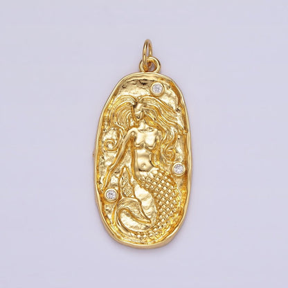 14K Gold Filled Clear CZ Mermaid Hammered Oval Charm in Gold &amp; Silver | N1106 N1107