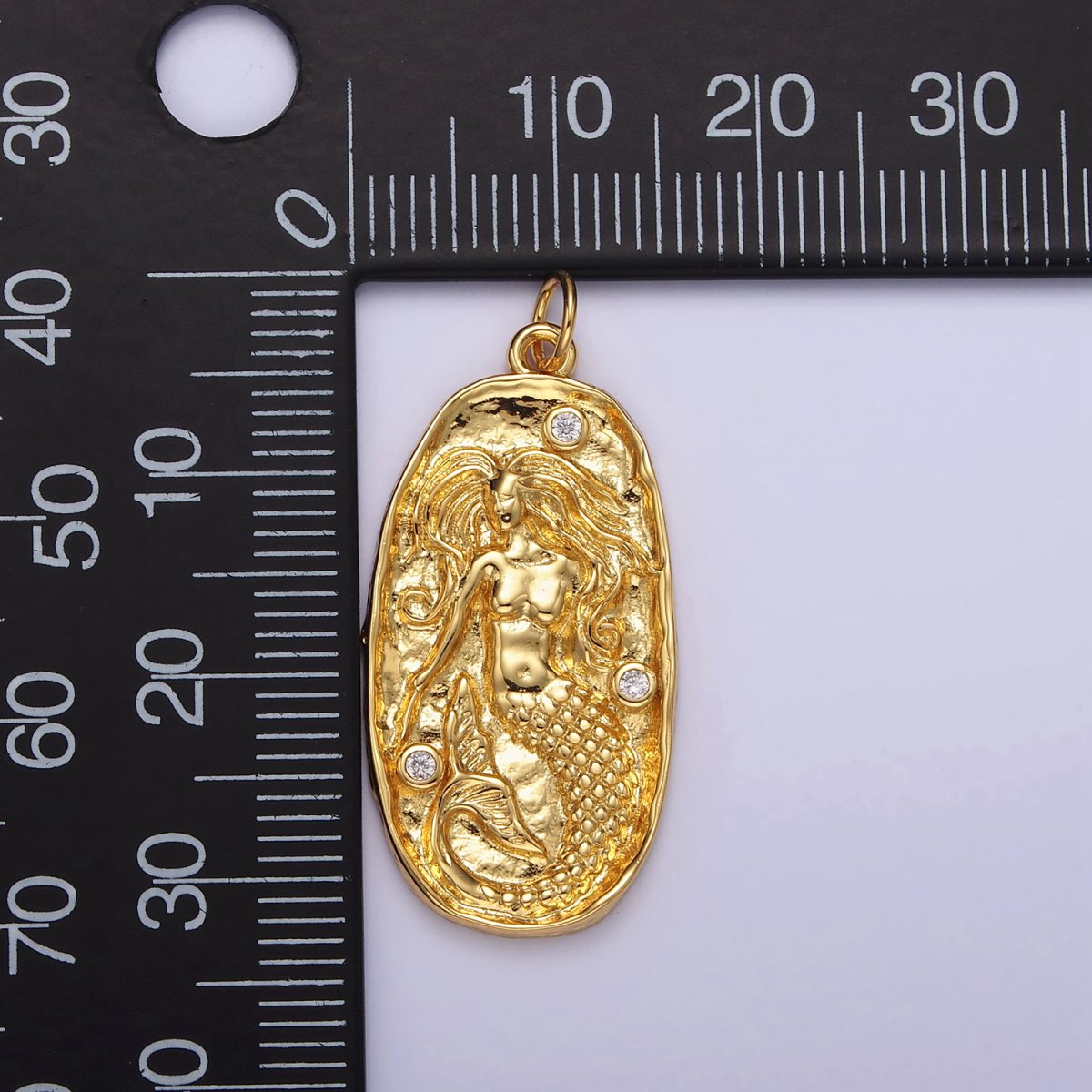 14K Gold Filled Clear CZ Mermaid Hammered Oval Charm in Gold &amp; Silver | N1106 N1107