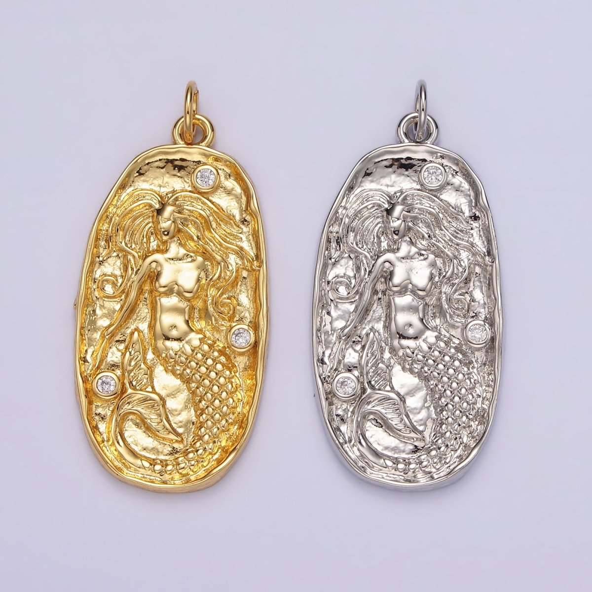 14K Gold Filled Clear CZ Mermaid Hammered Oval Charm in Gold &amp; Silver | N1106 N1107